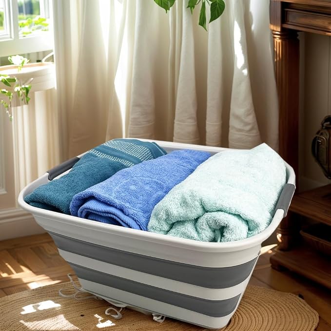 SAMMART Set of 2 Collapsible Plastic Laundry Basket - Foldable Pop Up Storage Container/Organizer - Portable Washing Tub - Space Saving Hamper/Basket (Grey/Steel Grey, 27L) - Image 6