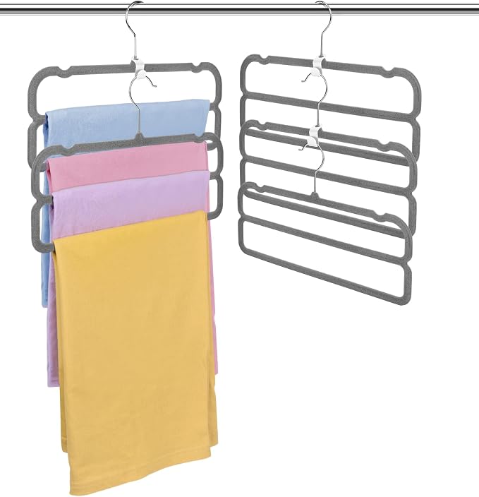 10 Pack Velvet Pants Hangers Space Saving, Non Slip 2-Layer Hanger (Grey) | Heavy Duty Flocked Trouser Hangers,pants organizer for closet with Swivel Hook, Felt Jean Hangers for Women and Men - Image 3