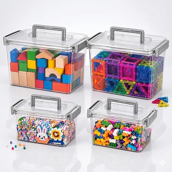 Plastic Storage Containers And Organization Bins Box Stackable with Lid and Secure Latching Buckles, Clear Clip Box For Kitchen or Pantry Storage Cabinet 4 PACK by HOMRELA