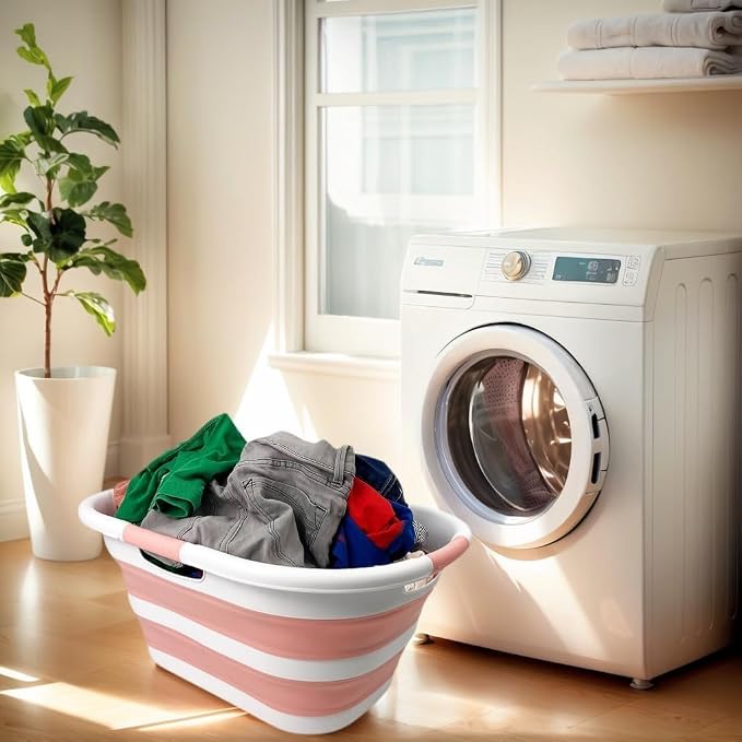 SAMMART 40L (10.5 gallon) Set of 2 Collapsible Plastic Laundry Hamper - Foldable Pop Up Storage Container/Organizer - Portable Washing Tub - Space Saving Basket (2, White/Quartz Pink) - Image 5