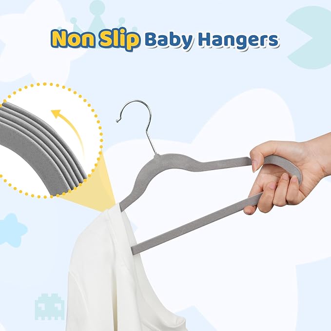 Premium 14 Inch Kids Hangers 50 Pack, Baby Velvet Hanger Non Slip | Grey Space Saving Felt Hangers Clothes Organizers for Closet with 360° Swivel Hook for Children, Toddler & Teens - Image 2