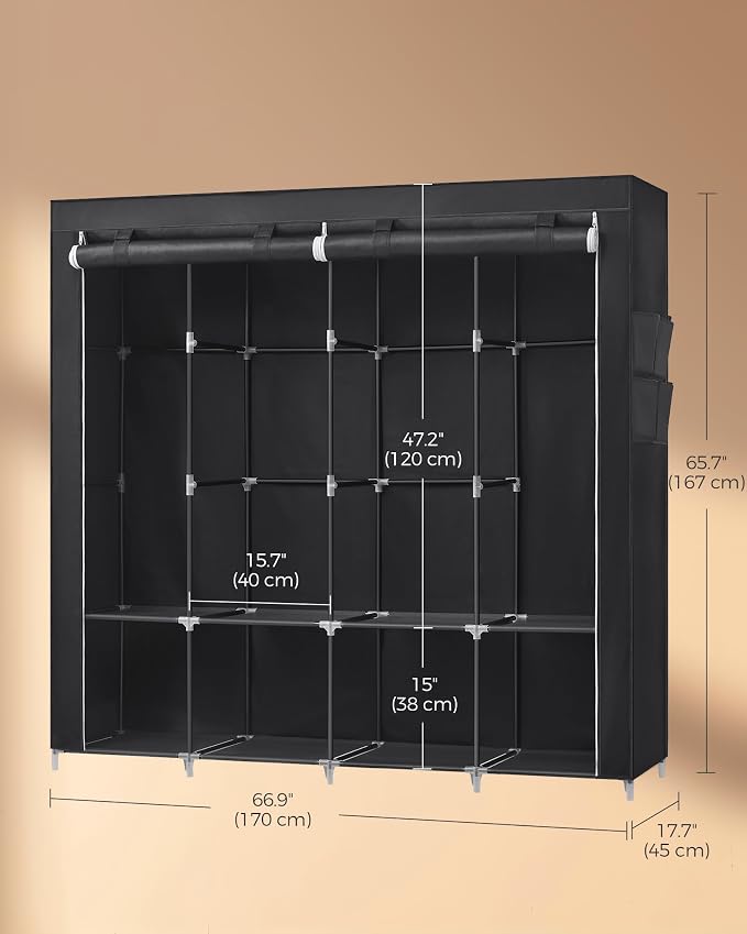 SONGMICS Portable Closet, Wardrobe Closet Organizer with Cover, 4 Hanging Rods and Shelves, 4 Side Pockets, 17.7 x 66.9 x 65.7 Inches, Large Capacity for Bedroom, Living Room, Ink Black URYG094B02 - Image 8