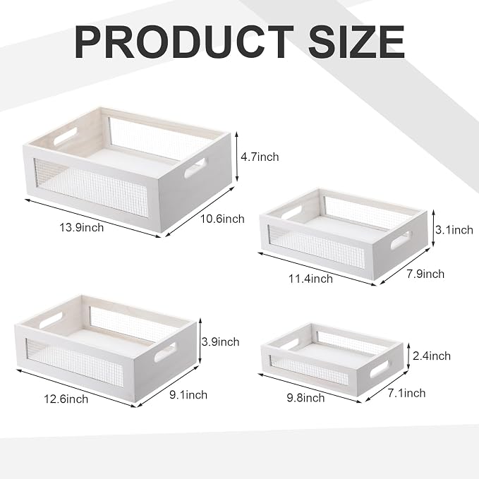 FillTouch 4 Pcs Wooden Nesting Countertop Baskets 4 Size Wooden Storage Box with Handle and Metal Wire Multipurpose Wood Organizer Crate for Fruit Vegetable Kitchen Cabinet Bathroom(White,Small) - Image 2