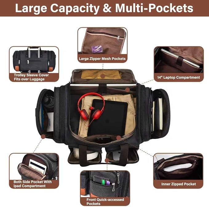 Canvas Duffle Bag For Travel, 50L Expandable Carry on Overnight Travel Duffel Bags with Laptop Compartments Weekend Gym Bag for Men(Black) - Image 6