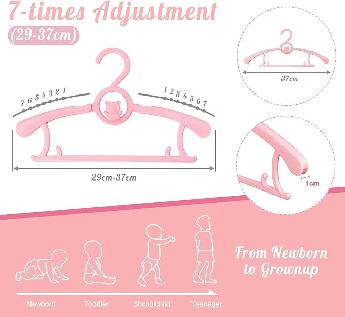 Kid Clothes Hangers 20 Pack, Plastic Baby Hangers Space Saving for Closet | Pink Hanger for Toddler Girl, Lightweight Anti-Slip Cascading Adjustable Children Infant Hangers, Ganchos para Ropa de Bebe - Image 2
