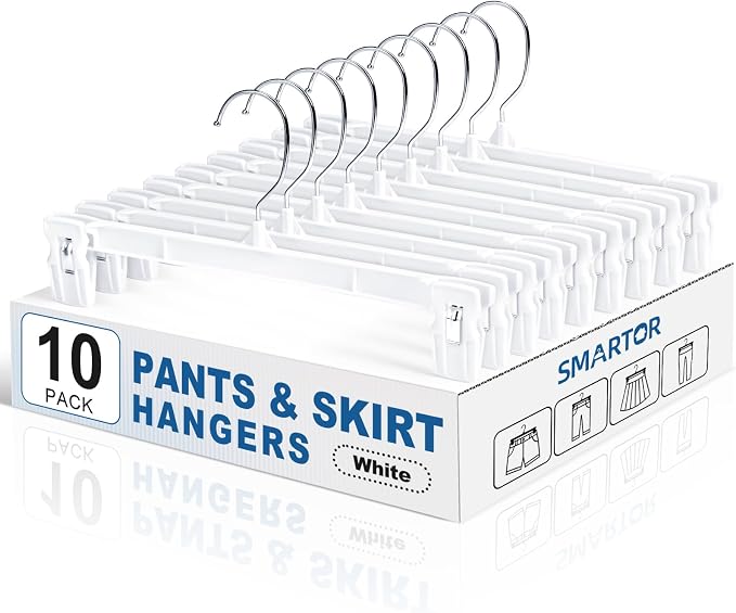 Skirt Hangers with Clips, 10 Pack White Pants Hangers | 12 Inch Plastic Clips Hangers Space-Saving Closet Organizer for Skirts, Shorts, Jeans with 360° Swivel Hook & Non-slip Clips by Smartor