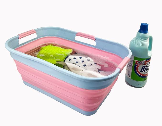 SAMMART 21L (5.5 Galloons) Collapsible Plastic Storge Basket - Foldable Pop Up Storage Container/Organizer - Portable Washing Tub - Space Saving Hamper/Basket (Cool Blue/Maglia Rosa) - Image 5