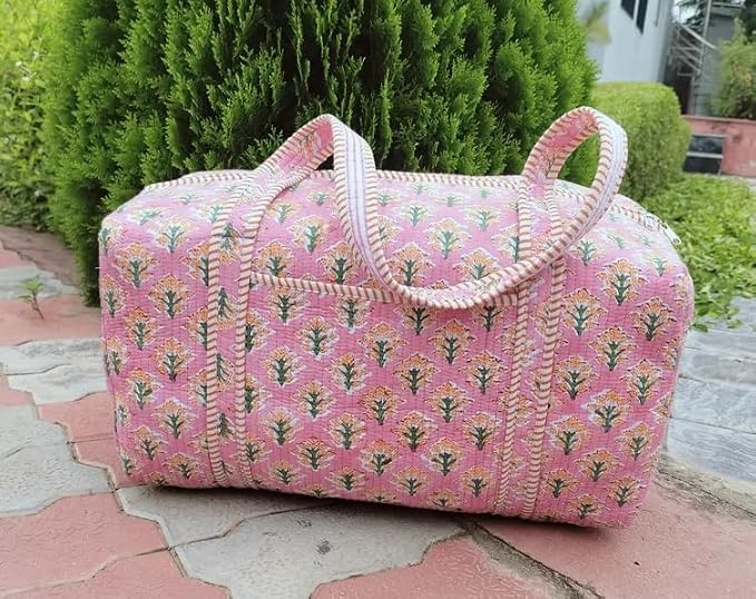 Cotton Floral Printed Quilted Duffle Bag Large | Hand Block Print, Weekender Bag, Shoulder Travel Overnight Bag, 20x10x10 Inches - Image 2
