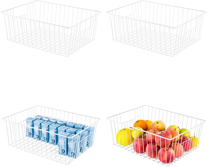 Upright Freezer Organizer Bins， Freezer Baskets for 16, 17, 21 cu.ft Standup Freezer, Wire Storage Baskets with Built-in Handles for Frozen Foods, Snacks, Vegetables, Fruits and More, Set of 4 , White by lonpute