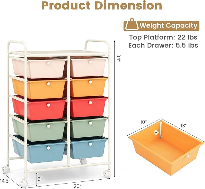 10 Drawer Rolling Cart, Storage Cart Organizer on Wheels, Drawer Cart with Metal Frame & Large Storage Capacity, Rolling Cart with Drawers for Living Room Classroom, Office - Image 3