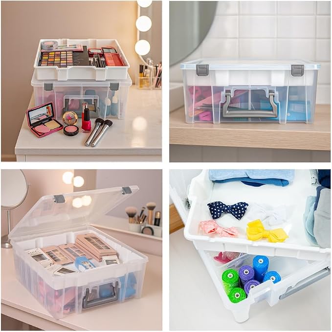 Best Kept Super Satchel Double Deep with Lift-Out Tray, Clear | Lift-Out Tray Plus Removable Dividers, 15.25 x 14 x 6.25 Inches, Silver Latches, Stackable Polypropylene - Image 6