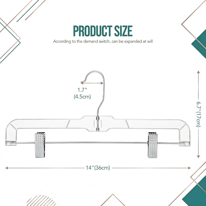 HOUSE DAY 120 Pack Clear Pants Hangers with Clips, Plastic Skirt Hangers for Women, 14 Inch Clip Hanger for Pants, Skirts, Jeans, Shorts, Legging, with 360-degree Swivel Hook, 2 Adjustable Clips - Image 9
