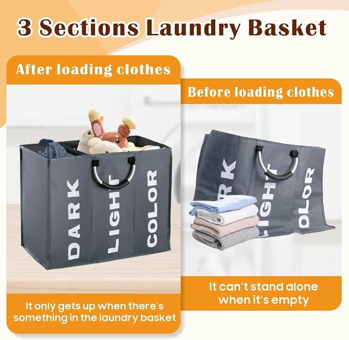 3 Section Laundry Basket Collapsible Laundry Hamper With Carry Handles Laundry Storage Washing Storage Bin (3 Section-Dark Grey) - Image 6