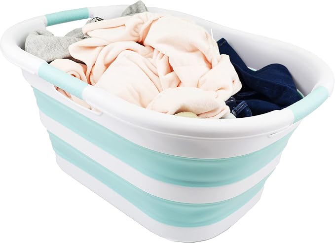SAMMART 40L (10.5 gallon) Collapsible Plastic Laundry Basket - Foldable Pop Up Storage Container/Organizer - Portable Washing Tub - Space Saving Hamper/Basket (White/Lake Green (Set of 2)) - Image 6