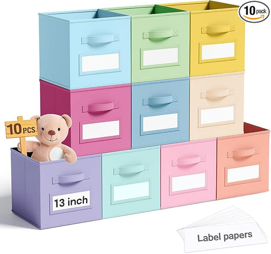 Teenyyou 10 Pack Fabric Storage Cubes 13 Inch Collapsible Cube Bins with Label Window & Handle Foldable Organizers Baskets for Shelf Closet Nursery Kids Room Clothes Book Toy(Macaroon) by Teenyyou