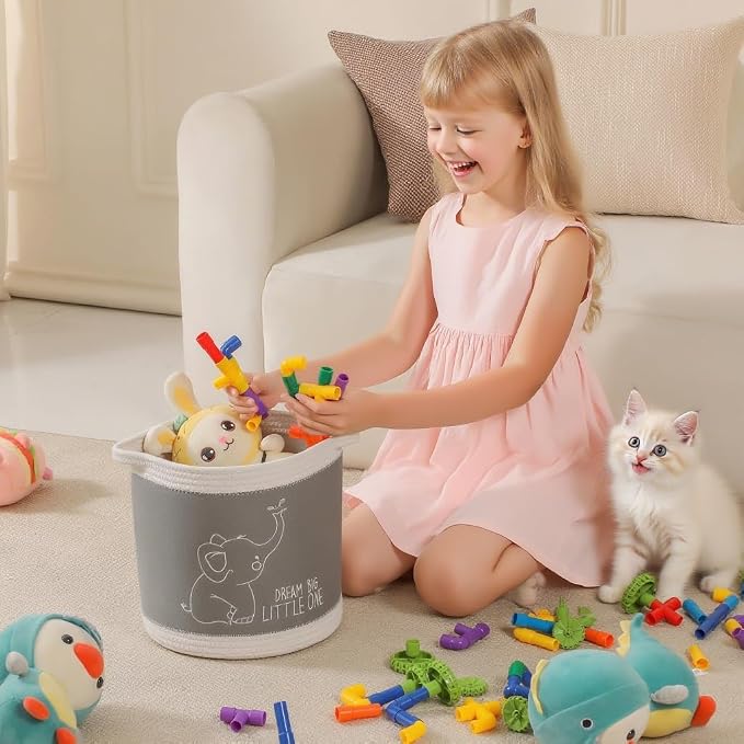 Toy Basket for Baby Laundry Hamper Blanket Baskets Cute Elephant Nursery Hampers Toy Storage Basket, Woven Cotton Rope Nursery Organization Bins For Girls Boys Kids Baby Shower Gifts Baskets - Image 3