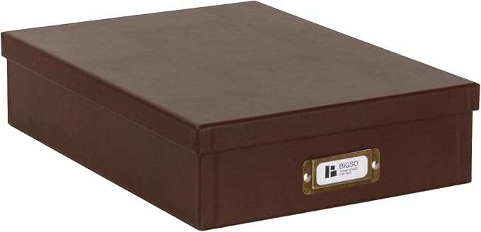 Bigso Oskar Fiberboard Document Storage Box with Lid for A4 and Letter Size Papers - Stylish, Sturdy, and Stackable Keepsake Box with Label Holder - W10.2in x D13.8in x H3.3in - Recycled Leather by Bigso
