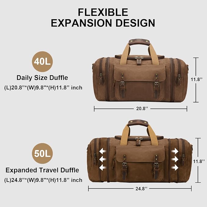 Waxed Canvas Duffel Bag 50L, Coffee | Waterproof, Travel, Overnight, Weekender - Image 3