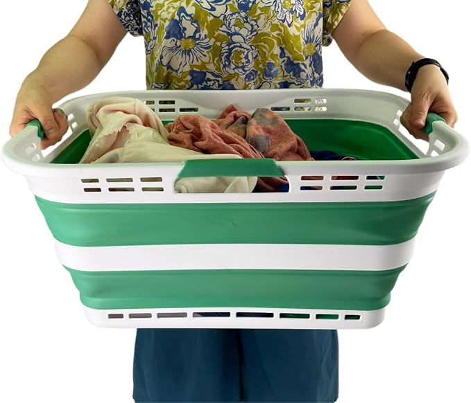 SAMMART Set of 2 Collapsible Plastic Storage Basket - Foldable Pop Up Storage Container - Portable Laundry Organizer - Space Saving Hamper (White/Winter Green, 42L (Style A)) - Image 6