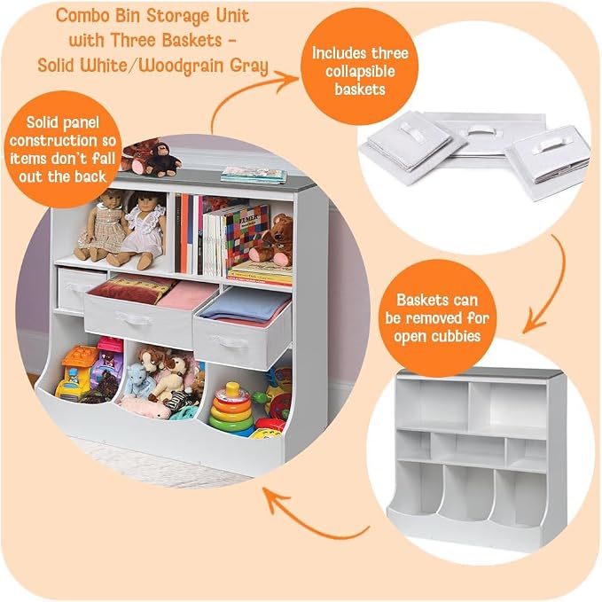 Badger Basket Combo Bin Toy Storage Unit and Book Shelf for Kids with 3 Baskets - White/Gray | Kids storage organizer with 3 removable baskets, open shelves & display top for toys, books, clothes & more. - Image 2