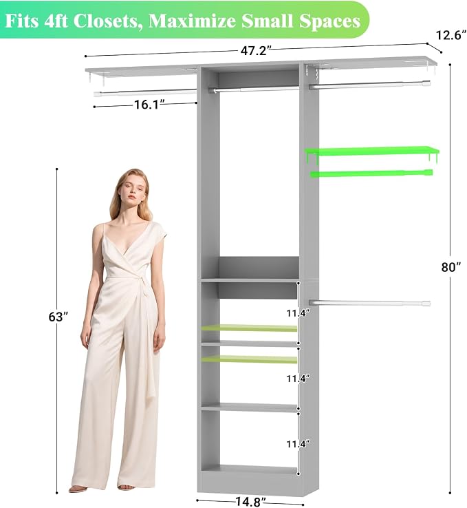 Besiost 4FT Small Closet Organizer System with 4 Hanging Rods & 3 Shelves | 48" Closet System for Small Closets, 80" H Small Closet Organizers and Storage for Bedrooms, Cloakrooms, Gray - Image 2