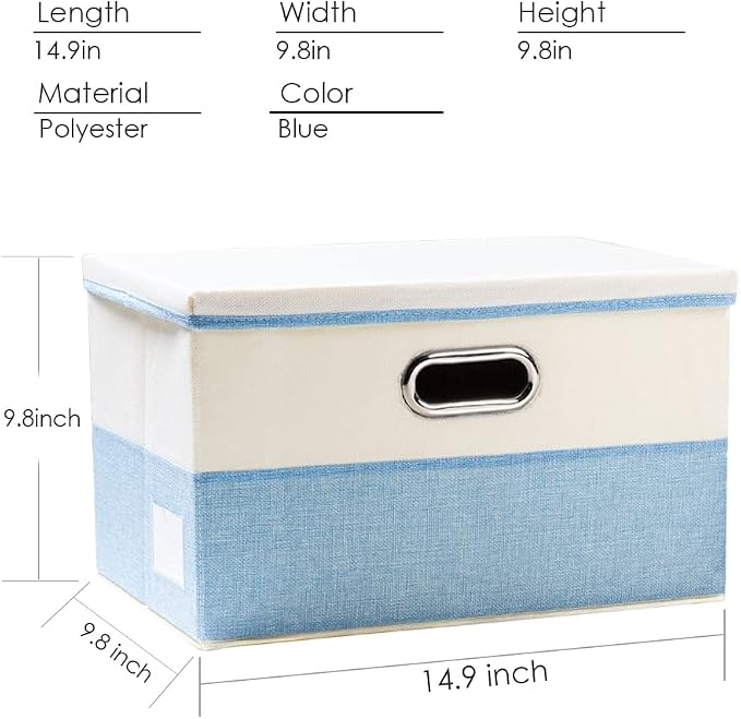 Collapsible Storage Bin with Lid [3-Pack] Fabric Foldable Storage Box Organizer Container Basket Cube with Cover for Home Bedroom Closet Office Nursery Blue&Cream(14.9x9.8x9.8) - Image 4