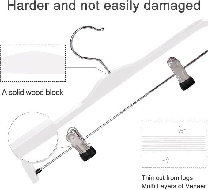 TOPIA HANGER Wooden Pants Hangers,Slim Natural Wood Skirt Hangers with Anti-Rust Hook and Adjustable Metal Clips, Perfect for Skirts,Pants,Slacks-10 Pack-CT17W - Image 4