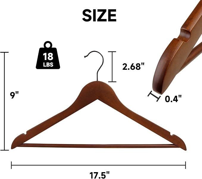 Wooden Clothes Hangers with Pants Bars, Walnut, 24-Pack | Heavy Duty Solid Wood Suit & Coat Hangers with Swivel Hook & Shoulder Notches, for Shirts, Jackets, Dresses & Trousers - Image 2