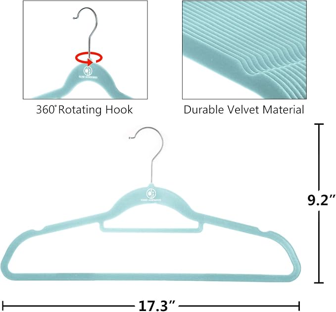Velvet Hangers, Non-Slip Ultra Slim Space Saving Hanger, with notches, tie bar, and Swivel Hooks, 30 Pack, with Bonus 20 Matching Velvet Finger Clips. Blue (Aqua) - Image 7