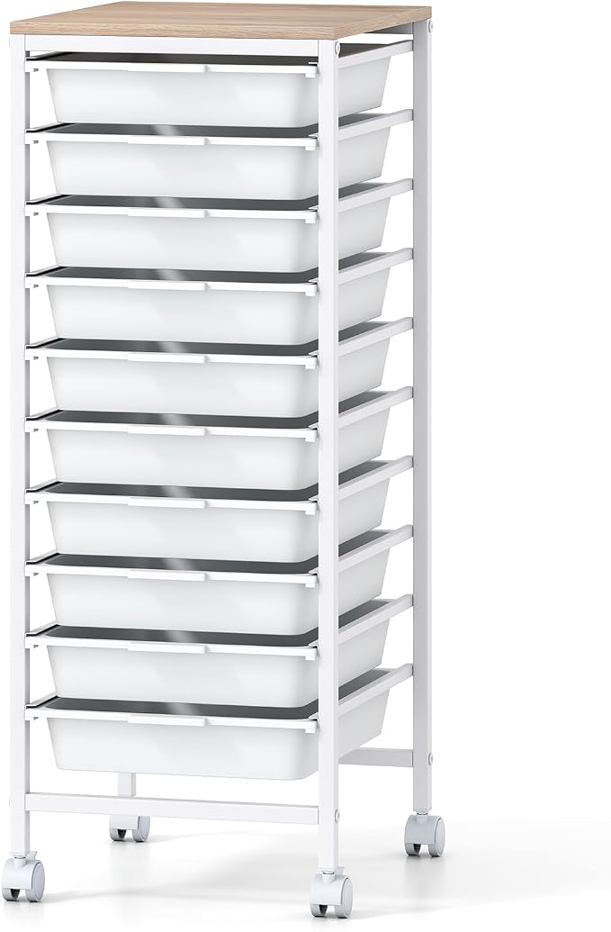 Giantex Rolling Storage Cart with 10 Drawers, Utility Cart w/Wooden Tabletop, Lockable Wheels, Multipurpose Organizer for Art Craft Books Paper, Drawer Carts for Dorm Classroom Office, White by Giantex