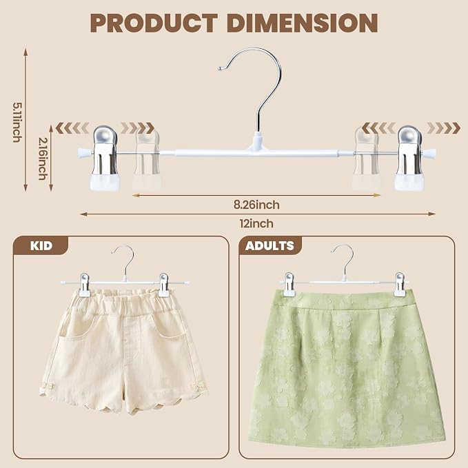 HUADYMEET 12 Inch Heavy Duty Pants Skirt Hangers with Clips,White,50 Pack | Metal,Space Saving,Adjustable,Hanger for Jeans Shorts Clothes Slacks Trousers,For Adult Men Women Children, Non Slip - Image 2