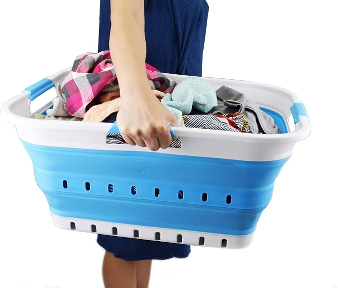 SAMMART 42L (11 gallon) Collapsible Plastic Laundry Basket - Foldable Pop Up Storage Container/Organizer - Portable Basket - Space Saving Hamper/Basket (2, White/Marine Blue) - Image 8