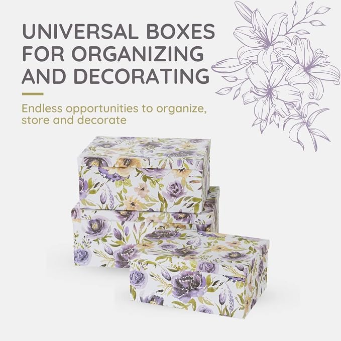 Soul & Lane - Purple Passion Decorative Storage Boxes with Lids, Set of 3 | Large Nesting Cardboard Keepsake Boxes for Memories and Gifts, Purple Lavender Floral Containers, Stackable Hat Box Style - Image 2