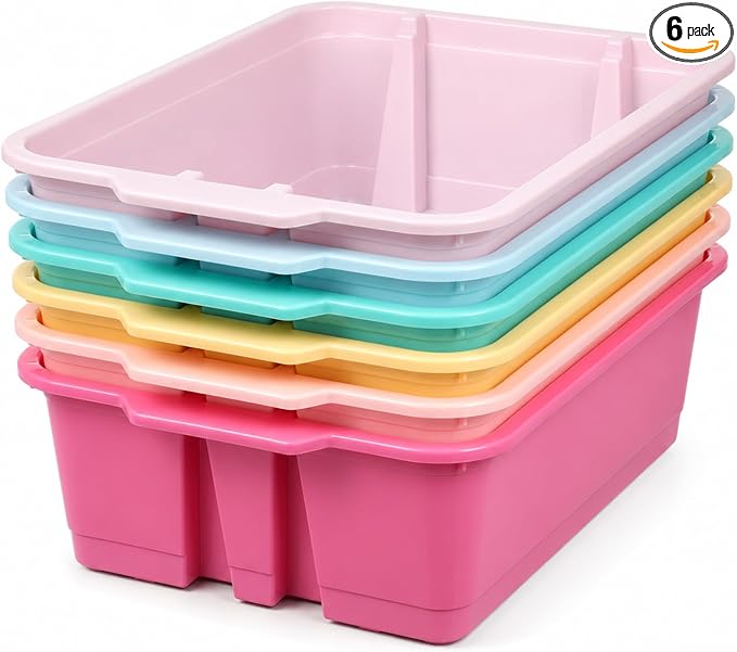 6 Pack Plastic Book Bins For Classroom Stackable Classroom Organizer with Handle Cubby Bins for School Library Office Home Nursery Playroom Organization(Pink Purple) by Yakydesign