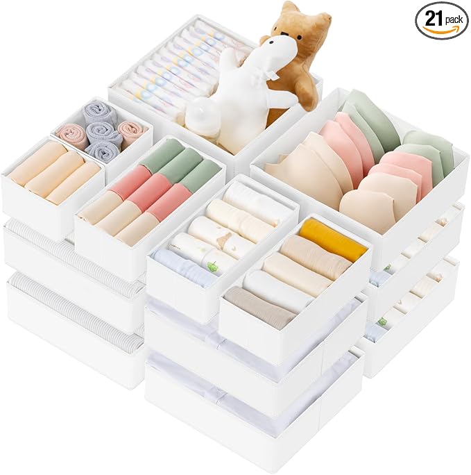 Drawer Organizer Clothes, 21 Pack Dresser Organizer for Baby Clothes, Underwear, Sock- Foldable Closet Organization and Storage Dividers Bins for Nursery, Bedroom (White) by Criusia