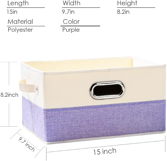 Large Fodable Storage Bins for Closet [3-pack] Decorative Fabric Storage Baskets Cubes with Leather/Metal Handles for Shelves Bedroom Living Room Purple&Cream (14.9x9.8x8.3 Inch) - Image 4