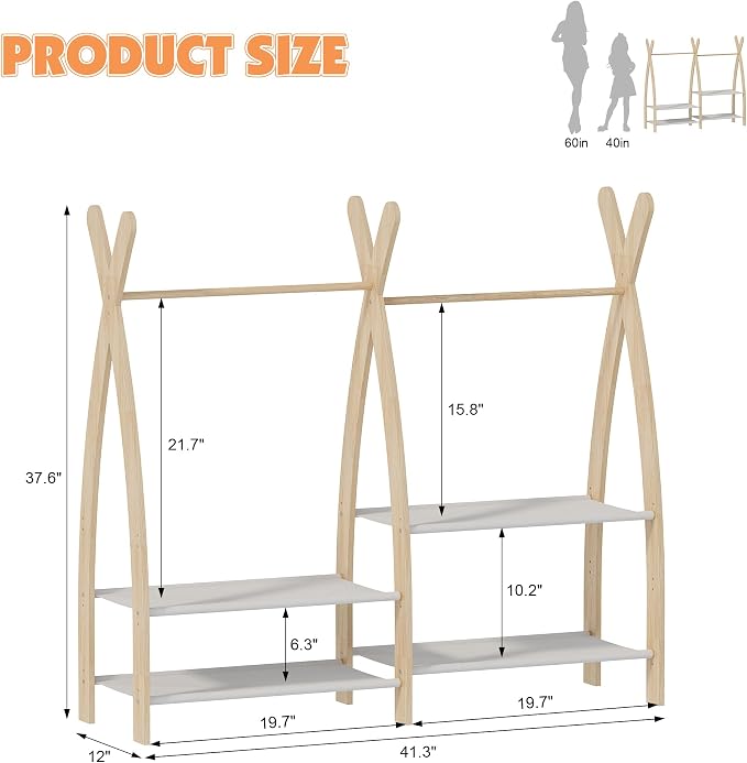 NACHES Small Kid Clothing Rack Wood Montessori Garment Rack for Toddler Baby Wardrobe Closet Compact Dress Up Storage Organizer Hanging Rod with Basket for Costume Princess Skirt Coat Bedroom Nursery - Image 2
