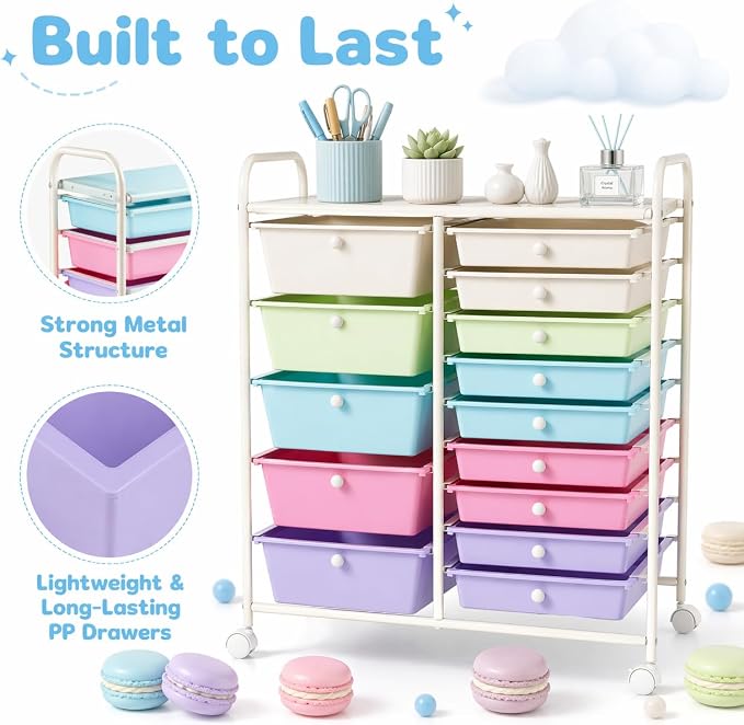 RELAX4LIFE 15 Drawer Rolling Storage Cart, Classroom Organization for School Teacher Office, Mobile Craft Art Supply Organizer, Utility Carts on Wheels for Paper Tools Scrapbook (Ice Cream Multicolor) - Image 6