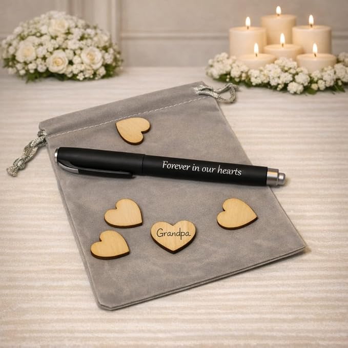 Wooden Heart Memorial Guest Book Alternative, Featuring-Forever in Our Hearts, Signing Heart with Display Stand (65 Trinkets) - Image 5