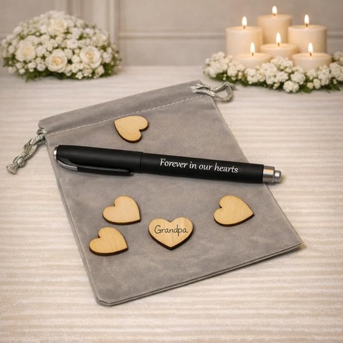 Wooden Heart Memorial Guest Book Alternative, Featuring-Forever in Our Hearts, Signing Hearts with Display Stand (135 Trinkets) - Image 5