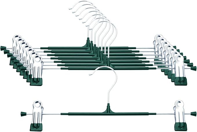 Pants Hangers with Clips, 8 Pack, Dark Green,12 Inch | Heavy duty, space saving, non-slip, adjustable, for men women's skirts,trousers, jeans & shorts by Unknown