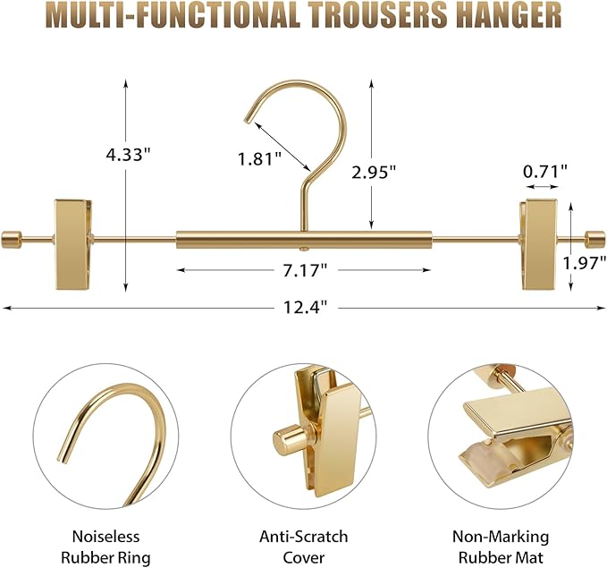 VWV 10 Pack Pants Hangers with Clips, 12.4 Inch Aluminum Skirt Hangers with 360° Swivel Hooks, Heavy Duty Space Saving Closet Hangers for Jeans, Slacks, Shorts (Gold) - Image 3