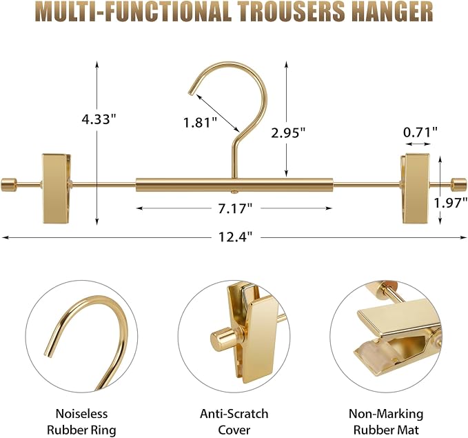 VWV 10 Pack Pants Hangers with Clips, 12.4 Inch Aluminum Skirt Hangers with 360° Swivel Hooks, Heavy Duty Space Saving Closet Hangers for Jeans, Slacks, Shorts (Gold) - Image 3