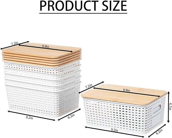 Plastic Storage Bins With Lid Stackable Organizing Container Woven Lidded Storage Organizer Baskets for Shelves Drawers Desktop Closet Playroom Classroom Office,6 Pack - Image 2