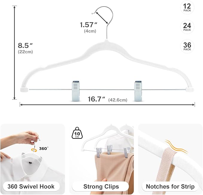 HOUSE DAY Velvet Skirt Hangers 24 Pack, White Velvet Hanger with Adjustable Clips, Space Saving Slim Pant Hangers, Heavy Duty Non Slip Clip Hanger for Pants, Skirts, Shorts | Velvet Hanger with Adjustable Clips, Space Saving Velvet Pant Hangers, Heavy ... - Image 9
