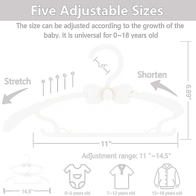 Baby Hangers 50 Pack, 11-14.5" Adjustable Kid Hangers for Newborn Closet, Plastic Non-Slip Small Infant Hanger for Toddler Pant, Child Coat Hanger for Boy Nursery Clothing, Girl Dresses, White - Image 3