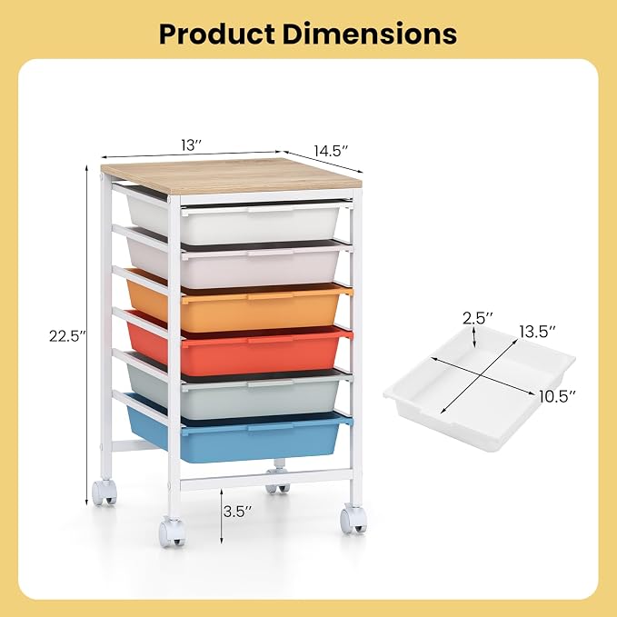 GOFLAME 6-Drawer Rolling Storage Cart, Craft Storage Cart with Wooden Tabletop and Lockable Wheels, Art Cart Supply Storage Organizer with Metal Frame for Home Office Classroom, Macaron Color - Image 3