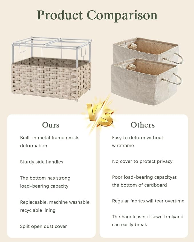 SETVSON Storage Basket with Lid, 2-Lid PE Rattan Storage Bin, Light Khaki | Dual Lid Small Items & Accessories Organizer, Divided Sock & Underwear Bin, 2 Washable Liner Bags, Small Collapsible Trunk - Image 8