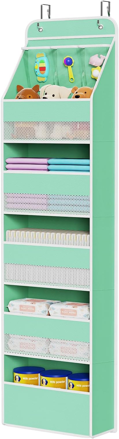 Univivi Fabric Over Door Hanging Organizer for Baby Nursery, Green, 6-Shelf | Door Storage with Large Capacity Breathable Mesh Pockets, Over Door Storage Organizer for Baby Essential, Bedroom, and Dorm by Univivi