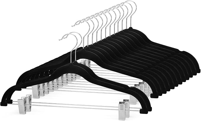 Cozymood Velvet Skirt Hangers 24 Packs Velvet Hangers with Clips - Black | Ultra Thin Non Slip Velvet Pants Hangers Space Saving Clothes Hanger for Trouser, Skirts, Jeans, Outfits, Uniform by CozyMood